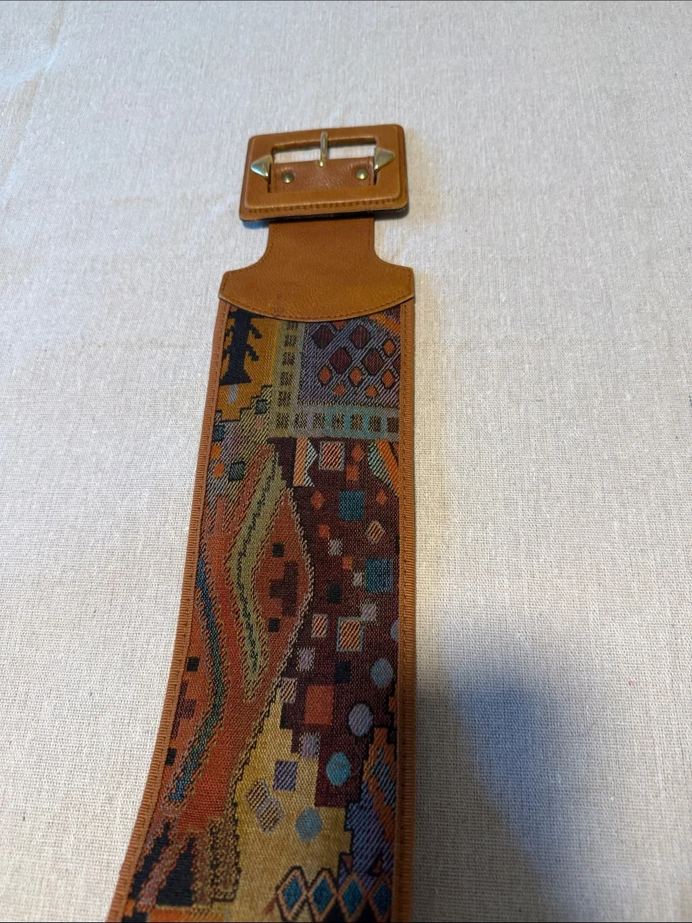 Vintage Express Wide Tapestry Leather Waist Belt Geometric Aztec Boho Cinch